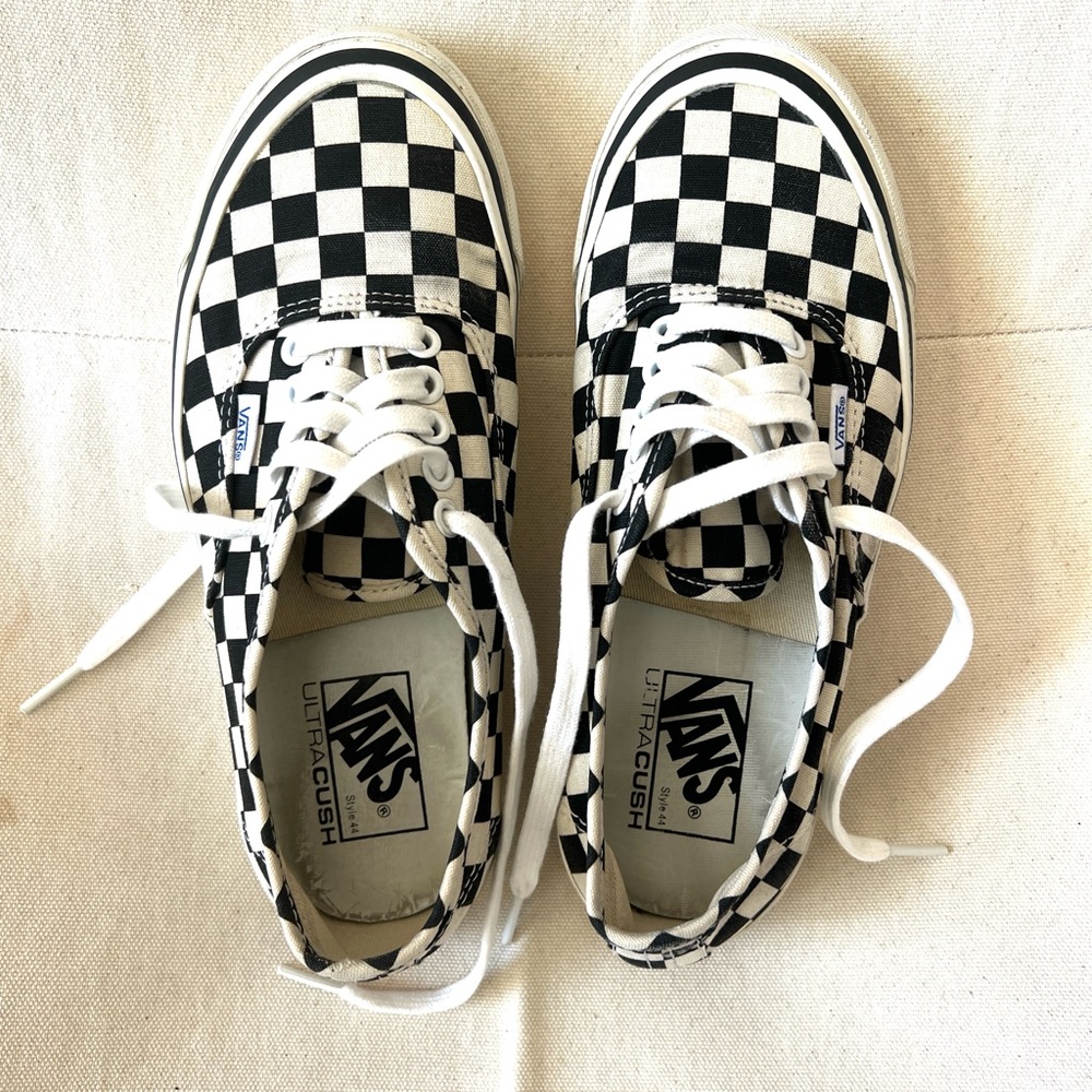 Vans Authentic 44 DX Anaheim Factory sneakers checkerboard pattern.